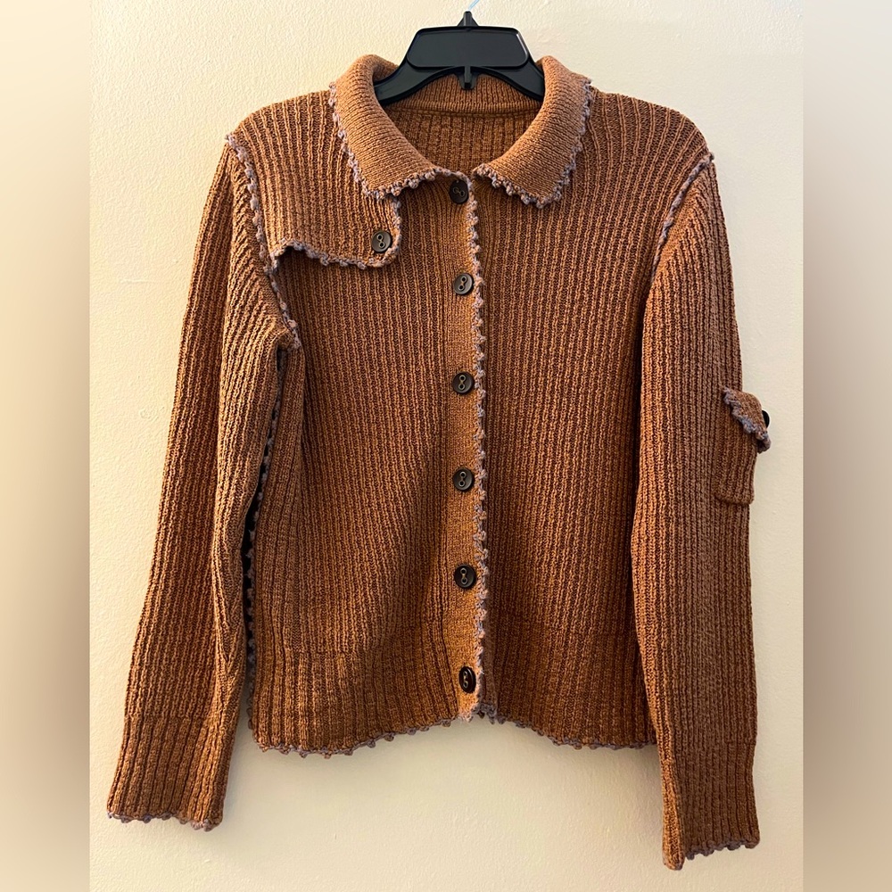 Brown Knit Cardigan with Lavender Trim